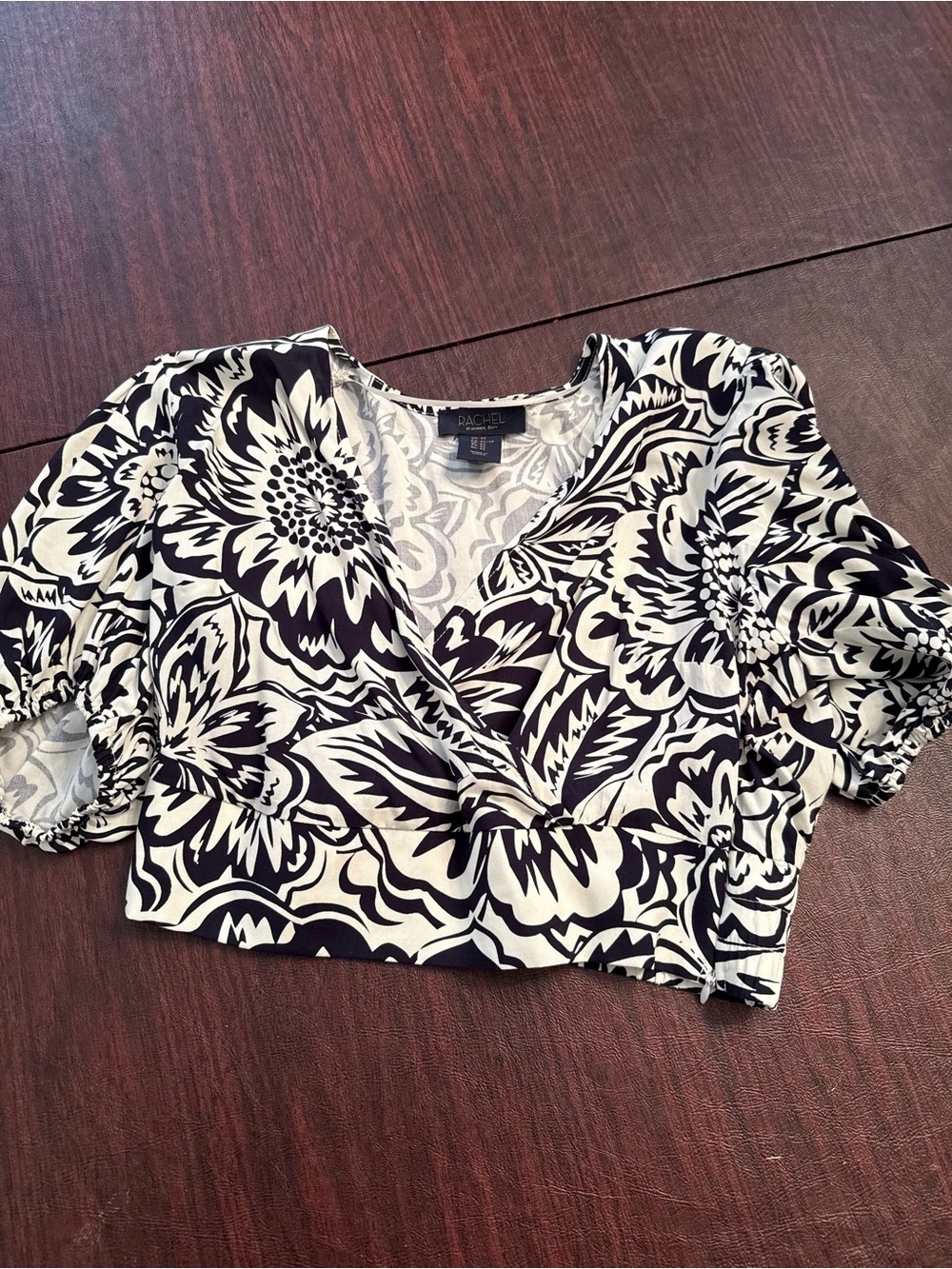 RACHEL Rachel Roy Black & White Floral Wrap Crop Blouse
